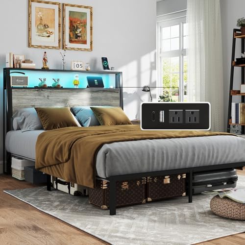 Queen Size Bed Frame with Headboard, Metal Platform Bed Frame with LED Lights & Charging Station, Under Bed Storage, Solid and Stable, No Box Spring Needed, Noise Free, Easy Assembly, Rustic Grey