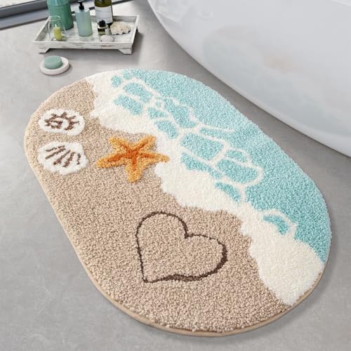 Cute Ocean Bathroom Rug Super Absorbent Bath Mat Machine Washable and Non Slip Fluffy Carpet for Shower, Bedroom and Living Room (31"x20", Beach)