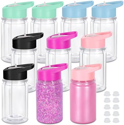 10 Oz Plastic Kids Snowglobe Tumbler with Pre-Drilled Hole and Plug, 10 Pack Double Wall Acrylic Snowglobe Cup for Glitter, Mixed Color