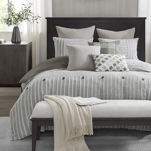 Madison Park King Comforter Set, Removable 100% Cotton Duvet Cover King Size with Insert, Farmhouse Bedding, Textured Stripe Clipped Jacquard Accent, King, Grey 9 Piece