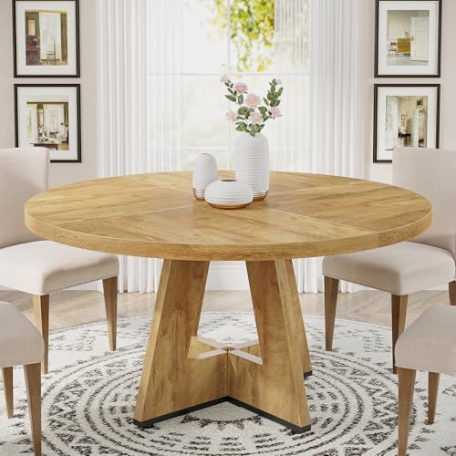 Tribesigns Round Dining Table Wood Kitchen Table for Dining Room, 47" Dinning Room Tables for 4 Adult, Farmhouse Dinner Table with Wooden Tabletop and Cross Base, Light Wood