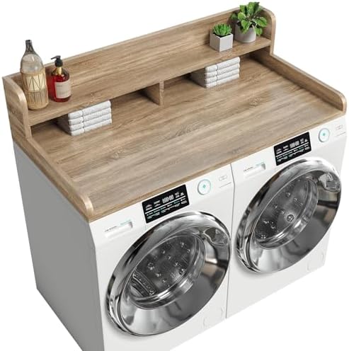 2-Tier Washer Dryer Countertop with 2.75" H Edge Rails, 54" W x 27.55" D Laundry Countertop for Folding Clothes, Washer and Dryer Topper with Non-Slip Pad (White Oak)