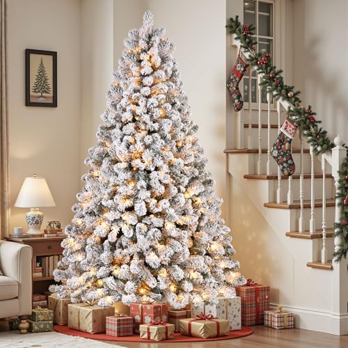 SHareconn 7ft Prelit Snow Flocked Spruce Artificial Christmas Tree with 300 Incandescent Warm White Lights, Foldable Stand, Snow Flocked Full Prelighted Xmas Tree W/1076 Branch Tips, 7 FT, White
