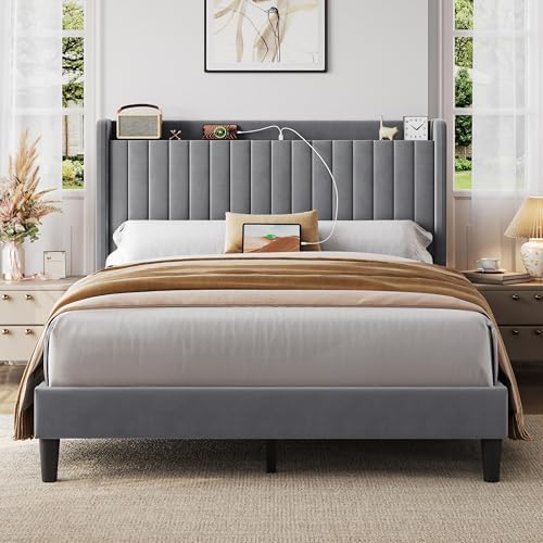 Yaheetech Queen Bed Frame with USB Charging Station and Storage Shelf/Upholstered Headboard Platform Bed with Wing Side/Wooden Slats Support/Noise Free/No Box Spring Needed/Easy Assembly, Light Grey