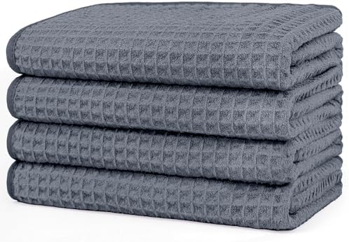 HOMEXCEL 4 Pack Premium Waffle Hand Towels, Microfiber Hand Towels for Bathroom, Ultra Soft, Highly Absorbent and Quick Dry Towel for Bathroom, Gym, Shower, Hotel, Spa and Kitchen, 15 x 25 Inch, Grey