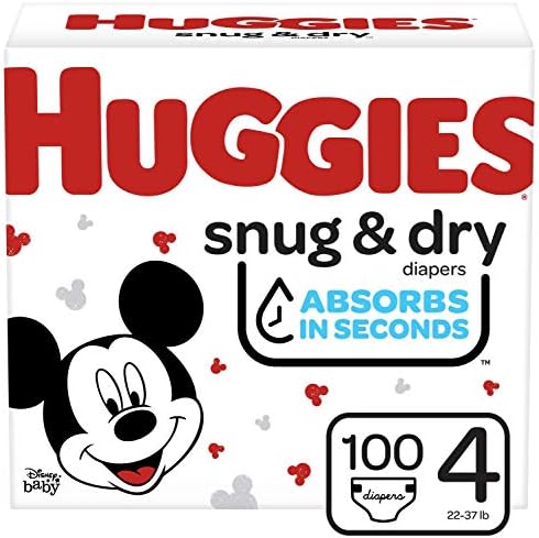 Huggies Snug & Dry Baby Diapers, Size 4, 100 Count, 22-37 lb (10-17 kg), Up to 12 Hrs Protection, Disney Mickey Mouse Designs