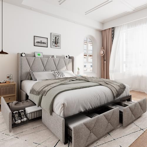 iPormis Queen Bed Frame with 4 Storage Drawers, Upholstered Platform Bed Frame with Charging Station, Modern Wingback Storage Headboard, Easy Assembly, Light Grey