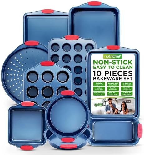 NutriChef 10-Piece Nonstick Bakeware Set - Premium Carbon Steel Baking Pans w/Silicone Handles - Includes Pizza Tray, 12 & 24 Cup Muffin Pans, Cookie Sheets, Round & Square Pans, Loaf Pan - Blue