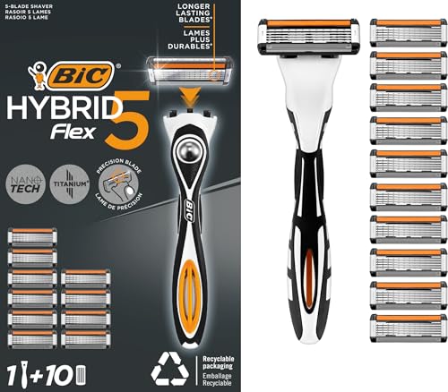 BIC Hybrid 5 Flex Refillable Men's Razor, 1 Weighted Handle and 10 Nano-Tech Titanium 5-Blade Refills with Precision Blade - Bundle of 1+10