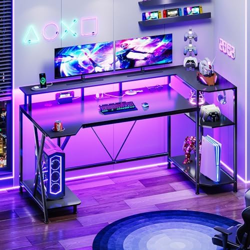 SEDETA Gaming Desk 55'' with LED Lights and Storage Shelves, Computer Desk with Monitor Stand, Power Outlets and Cup Holder, Large PC Gamer Desk, Gaming Table for Bedroom, Living Room, Black