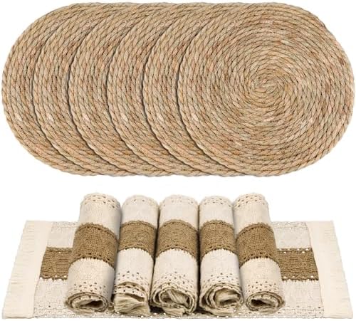12 Pcs Handmade Boho Placemats Set of 6 Table Mats for Kitchen Dining Table Farmhouse Centerpiece Decor Natural Cotton Burlap and Water Straw Woven Combination Place Mats