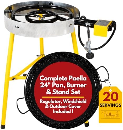 Paella Burner and Stand Set 20 Servings, 24 Inch Paella Pan, Dual Propane Outdoor Stove with Stand & Regulator, Portable Gas Cooker for Camping Crawfish Boil Cooking Outdoor, Paellera Propano