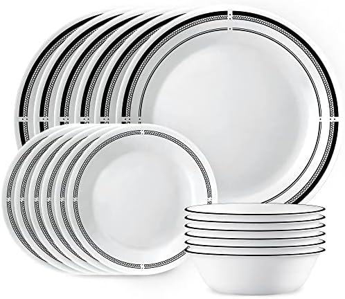 Corelle 18-Piece Round Dinnerware Set Service for 6, Lightweight Round Plates and Bowls Set, Vitrelle Triple Layer Glass, Chip and Scratch Resistant, Microwave and Dishwasher Safe, Brasserie