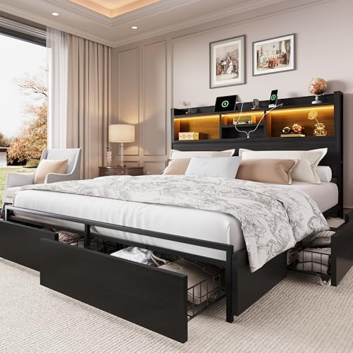 LARMACE Queen Size Bed Frame with 6 Storage Drawers and Headboard Wooden Platform Bed Frame with LED Lights and Charging Station Easy Assembly/No Box Spring Needed/Black