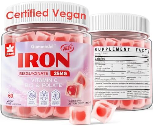 Vegan Iron Supplement for Women 25mg, Sugar Free Iron Gummies with Vitamin C, Methy B12, Folate for Energy Boost, Anemia, Iron Deficiency, Non-Constipating, No After Taste, Peach Flavor, 60 Counts