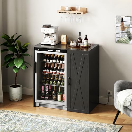Mini Fridge Cabinet with Storage, Coffee Bar Cabinet with Power Outlet, Fits 24" Wine Fridge, 3-Tier Organizer, Refrigerator Stand for Kitchen, Apartment, or Home Bar Black KH01MRB