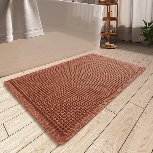 AMOAMI Upgraded Waffle Bath Mat, Super Absorbent Non Slip Bath Mats for Bathroom Floor, Machine Washable Bathroom Rugs with Tassels, Rubber Backed Bathroom Mats, Ultra Soft, 20" x 32", Dirty Orange