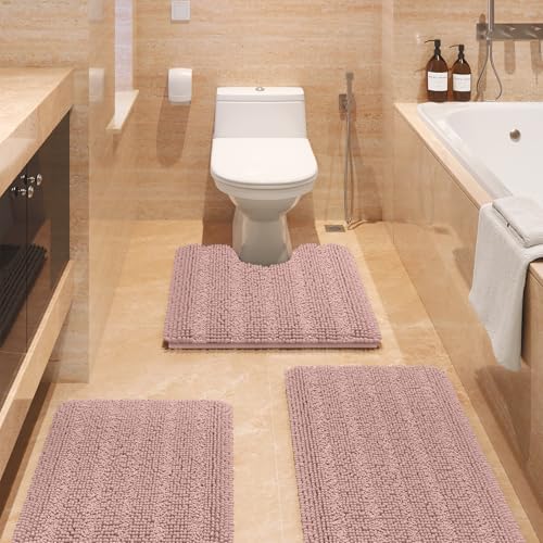 Striped Dusty Pink Bathroom Rug Set 3 Pieces Ultra Soft, Non Slip Chenille Bath Carpet, Absorbent Plush Shaggy Bath Mats for Bathroom, Toilet, Bedroom, Kitchen