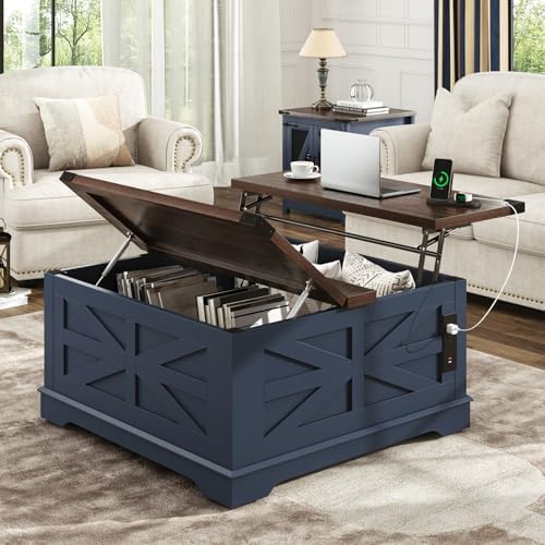 36" Farmhouse Movable Lift Top Coffee Table with Storage and Power Outlets, Square Wood Living Room Tables with Wheels&Large Hidden Space, Lift Wooden Barn Door Center Table, Blue