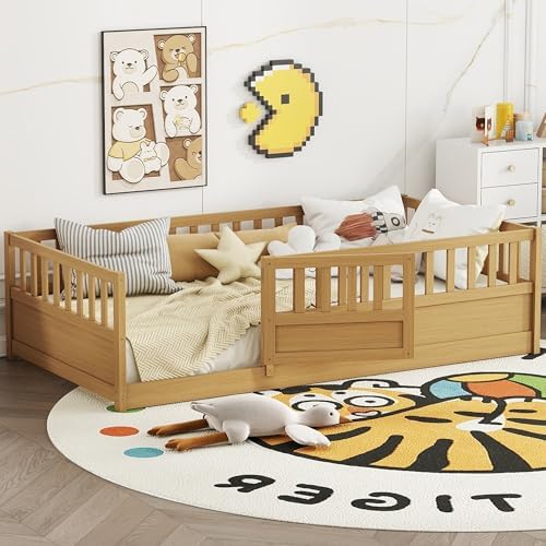 Bellemave Twin Floor Bed with Slats and High Fence, Twin Size Montessori Floor Beds with Door, No Box Spring Needed, Easy Assemble Montessori Bed Frame(Natural Twin)