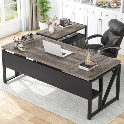 Tribesigns L Shaped Desk with Drawer Cabinet, 63" Executive Computer Desk and lateral File Cabinet, 2 Piece Home Office Furniture with Drawers for Hanging File, Doors with Locks (Gray, 63 inches)