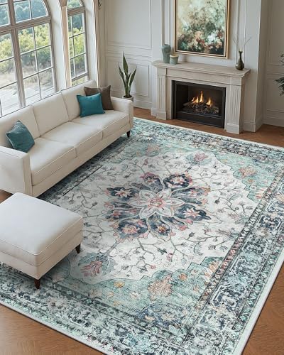 Area Rugs 9'x12' Washable Non-Slip, Floral Vintage Distress Print Pattern Medallion Carpet for Living Room Bedroom Dining Room, Green Navy Blue White Red Teal Colorful