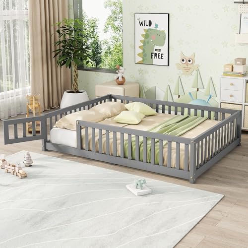 Bellemave Full Floor Bed with Slats and Safety Guardrails, Kids Montessori Floor Beds with Fence and Door, Easy Assemble Floor Bed for Kids, Girls, Boys, Gray