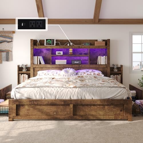 King Bed Frame with 49.6" Bookcase Headboard & 2 Bedside Stoage Racks & 4 Drawers, Farmhouse Wood Bed Frame with RGB LED & Charging Station, No Box Spring Needed, Rustic Brown