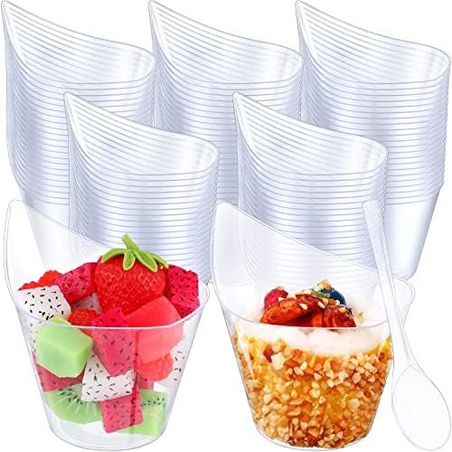 150 Pack Clear Plastic Dessert Cups with Tasting Spoons, Appetizer Cups Yogurt Parfait Bowls with Clear Spoons for Party Supplies Catering Chocolate Desserts Buffet Food Display (7 oz)