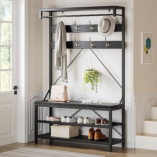 IDEALHOUSE Coat Rack Shoe Bench Industrial Hall Tree Storage Bench for Entryway, Wood Look Accent Large Shoe Rack with Storage Shelf Hanging Bar and 8 Hooks Black 39.9"x15.7"x72"