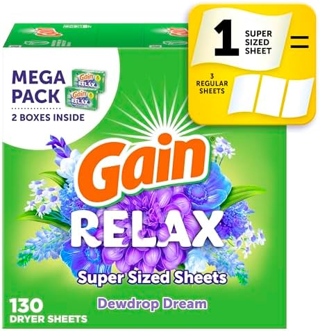 Gain Super Sized Dryer Sheets, Laundry Fabric Softener, Relax, 130 Count