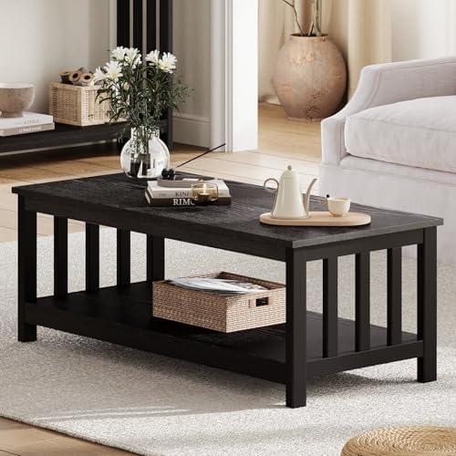 ChooChoo Mission Coffee Table, Black Wood Living Room Table with Shelf, 47 inch