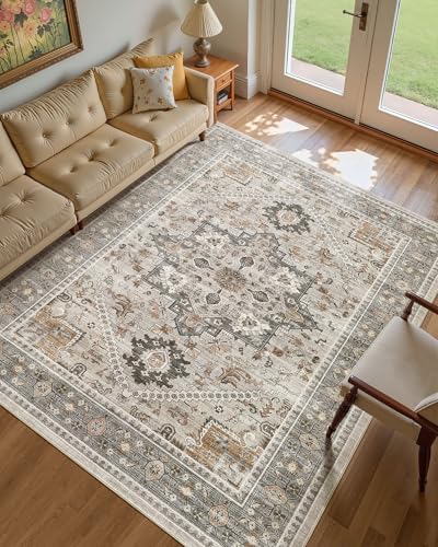 8x10 Vintage Area Rug: Washable Neutral Soft Non Slip Thin Large Floor Carpet for Living Room Bedroom Kitchen Dining Room Home Office Farmhouse Indoor - Taupe