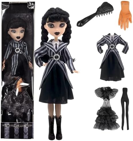 9' Addams Doll with Gift Box, High Heels, Black Dress, and Hair, Perfect Christmas and Birthdays Toy Gift for Girls & Fans(New B)