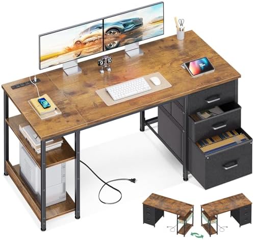 AODK 51 Inch Computer Desk with Fabric Drawers & USB Power Outlets, Reversible Home Office Desk with Storage Shelves, Work from Home, Modern Work/Writing/Study Table for Bedroom, Vintage