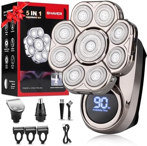 9D Head Shavers for Bald Men, Electric Razor for Men to Shave Fast with LED Display, Cordless Rechargeable, IPX7 Waterproof Wet/Dry Rotary Shaver Kit with Nose Hair Trimmer Shaver, Gift for Mens