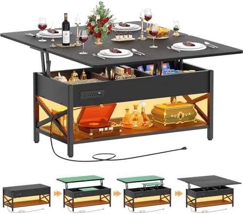 Aheaplus Coffee Table Lift Top Multi-Function Coffee Table Converts to Dining Table, with LED Light and Power Outlet, Center Table with Shelves for Living Room Reception Home Office, Black