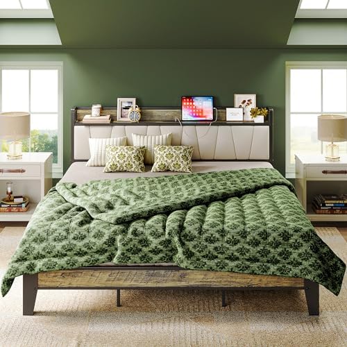 LIKIMIO California King Bed Frame, Storage Headboard with Charging Station, Solid and Stable, Noise Free, No Box Spring Needed, Easy Assembly (Walnut and Beige)