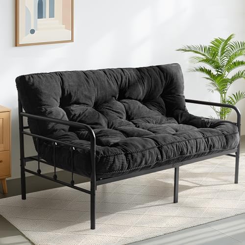 MAXYOYO 6" Futon Mattress Full Size, Tufted Futons Sofa Couch Bed with Twisted Rope Design Edging, Thick Corded Fabric Floor Mattress for Adults, Shredded Foam Filling (Frame Not Included), Black