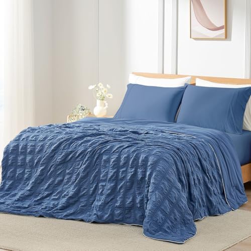 Cozy Bliss Cooling Comforter Seersucker Plaid Queen, Q-Max 0.4 Reversible Lightweight Cooling Blanket, Breathable Silk Smooth Summer Bedding Quilt for Hot Sleepers Night Sweats Denim Blue