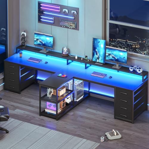 SEDETA 94.5" 2 Person Gaming Desk, Long Office Computer Desk with 8 Drawers & LED Light, Two Person Desk with Storage, Power Strip & Monitor Shelf for Home Office, Black