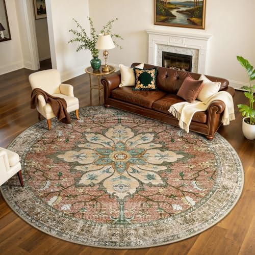Area Rugs 8ft Washable Non-Slip, Floral Vintage Distress Print Pattern Medallion Carpet for Living Room Bedroom Dining Room, Brick Red Rust Neutral Brown Burnt Orange