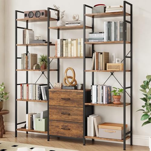 Triple Bookshelf with 3 Fabric Drawers, 5-Tier Book Shelf and 10 Display Shelves, Industrial Large Bookcase for Home & Office, Rustic Brown, 47'' Wide