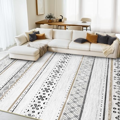 BESTSWEETIE 9x12 Area Rugs for Living Room Washable Moroccan Farmhouse Neutral Geometric Low Pile Non-Slip Soft Print Pattern Rug for Bedroom Kitchen Dining Room Entryway Black/Brown