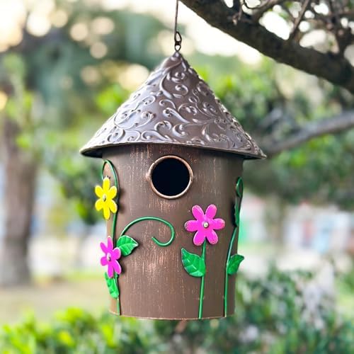 9.25" H Metal Hanging Decorative Birdhouse for Hummingbird with Paint - Bird Houses for Outside, Birdhouses for Outdoors, Bluebird Houses for Outside for Yard, Garden, Backyard. (Gold)
