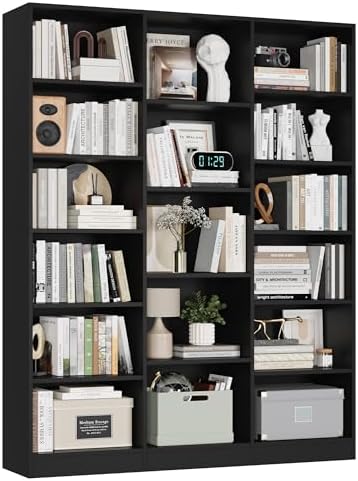 FACBOTALL Triple Wide Bookshelf, 6 Tier Large Bookshelf, Bookcase with 17 Open Display Shelves, 74'' Tall Bookcases and Bookshelves for Living Room, Home Office, Library, Black