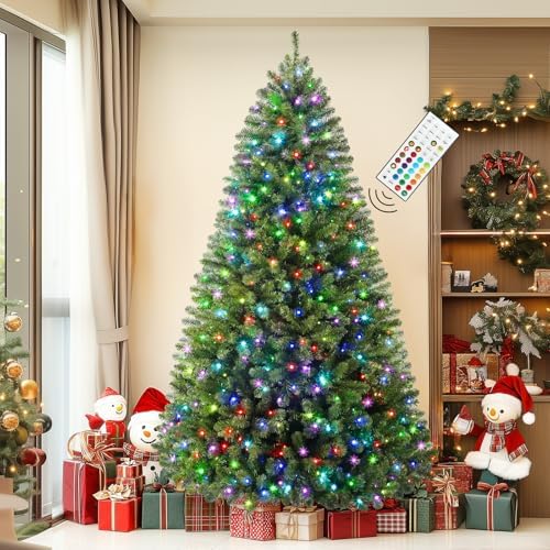 SHareconn 7.5ft Prelit Artificial Classic Spruce Christmas Tree with Remote Control,470 Warm White & Multi-Color LED RGB Lights, 1264 Branch Tips,7.5 FT Perfect Choice for Home Xmas Decoration,Green