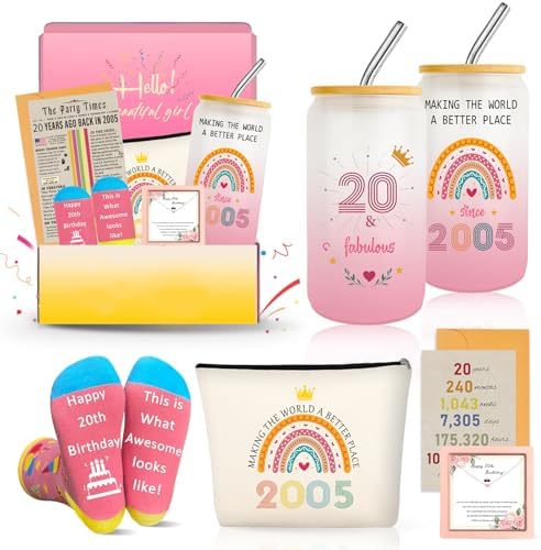 20th Birthday Gifts for Girls Women, Trendy 20 Year Old Girl Gift Ideas for Female Daughter Sister Niece, Cool Happy 2005 Decorations Presents Basket Glass Cup Sock