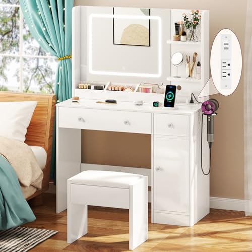 Makeup Vanity Desk with Mirror and Lights,Vanity Set with Mirror and Stool and Lights 3 Color,White Vanity Desk with Drawers,Make Up Table with Power Outlet,Dressing Table with Cabinet,Storage Shelves