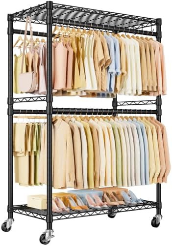 P4 Plus Rolling Clothes Rack Heavy Duty, Clothing Racks for Hanging Clothes, Free Standing Garment Racks with Wheels, Portable Closet Rack 45''W × 20.5''D × 80.5''H, Max Load 570 Lbs, Black